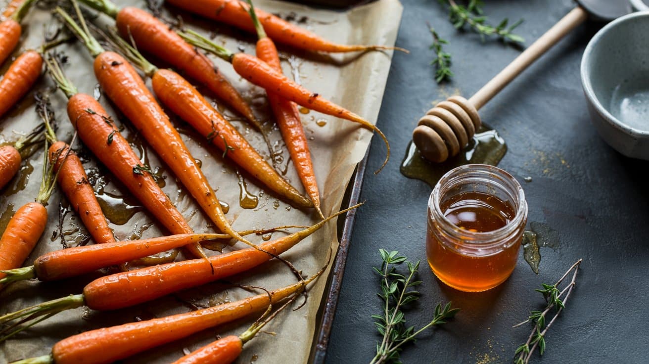 Honey glazed carrots a glossy top down neg
