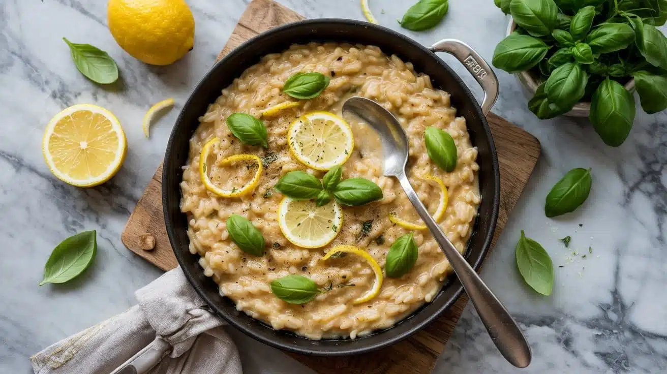 Lemon basil vegan risotto skillet meal