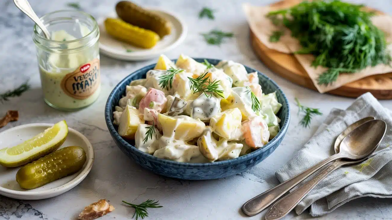 Vegan potato salad with creamy mayo an