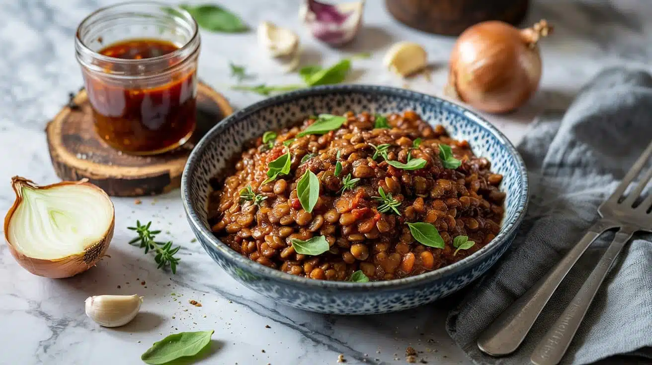 Onion garlic bbq lentils with smoky ta 0jue