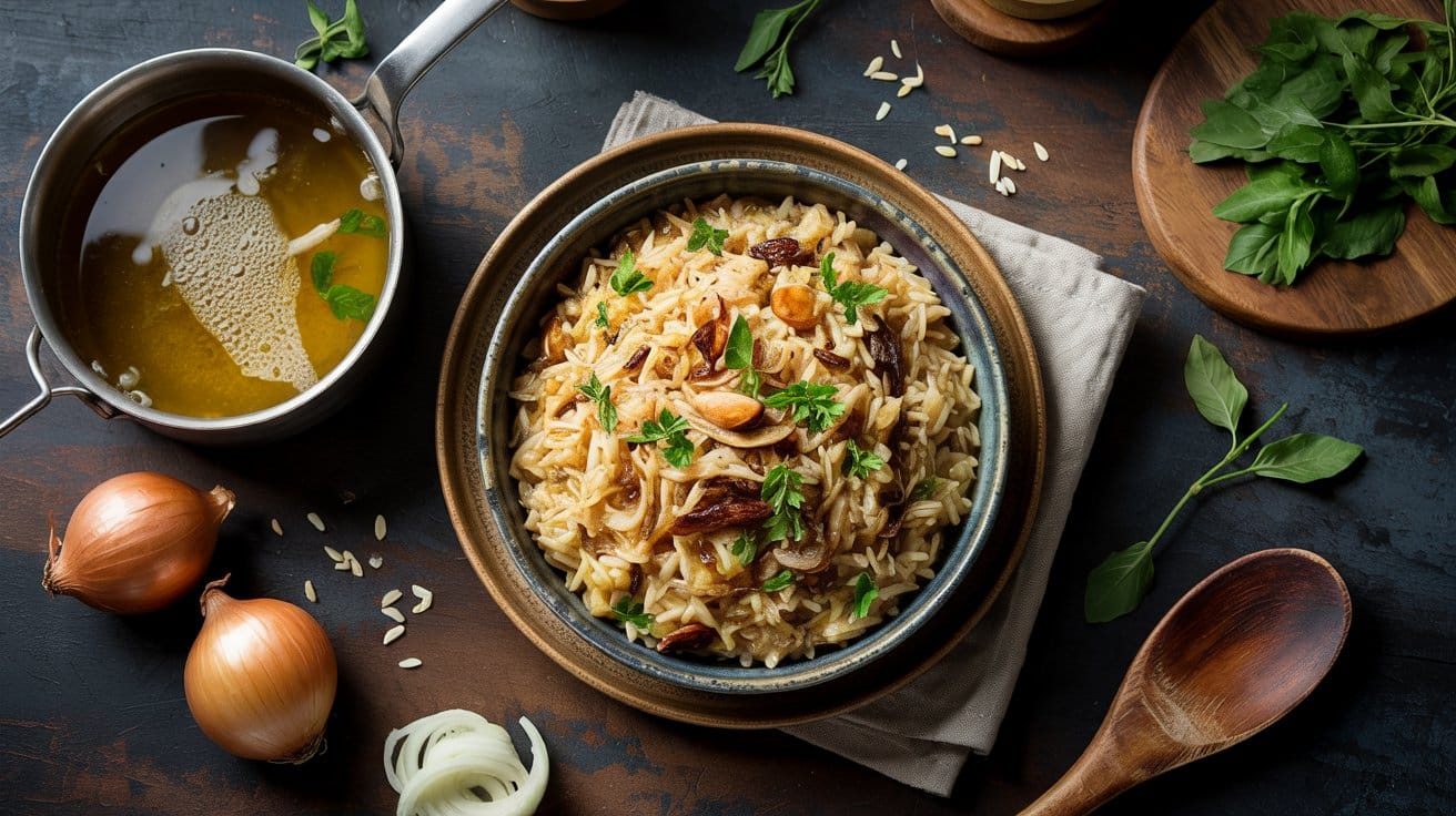 Savory rice pilaf a warm overhead shot