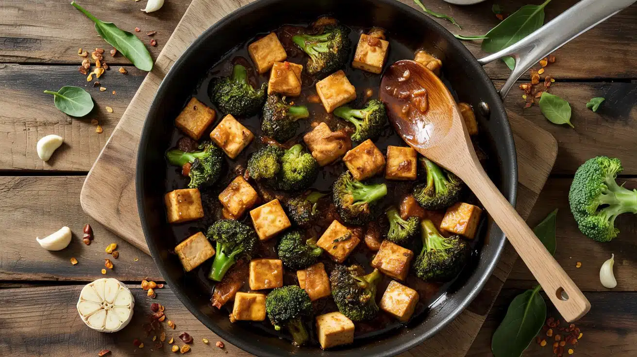 Spicy tofu broccoli stir fry an overhe a