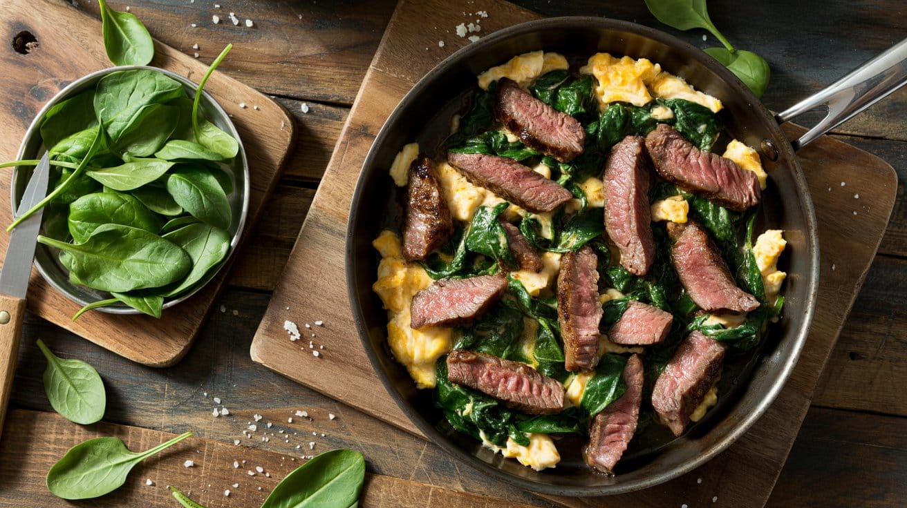 Steak and egg scramble with spinach a vfbbf6e