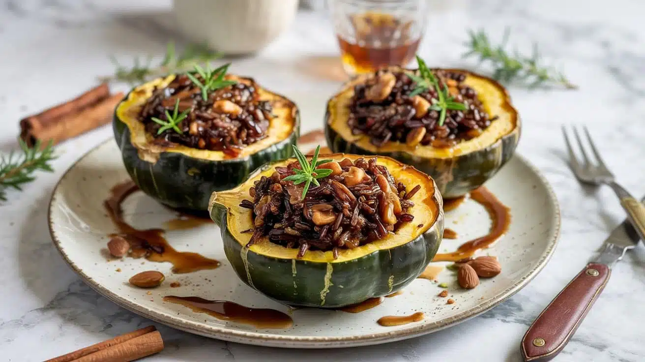 Stuffed acorn squash with wild rice an s esow 2brs y5htae