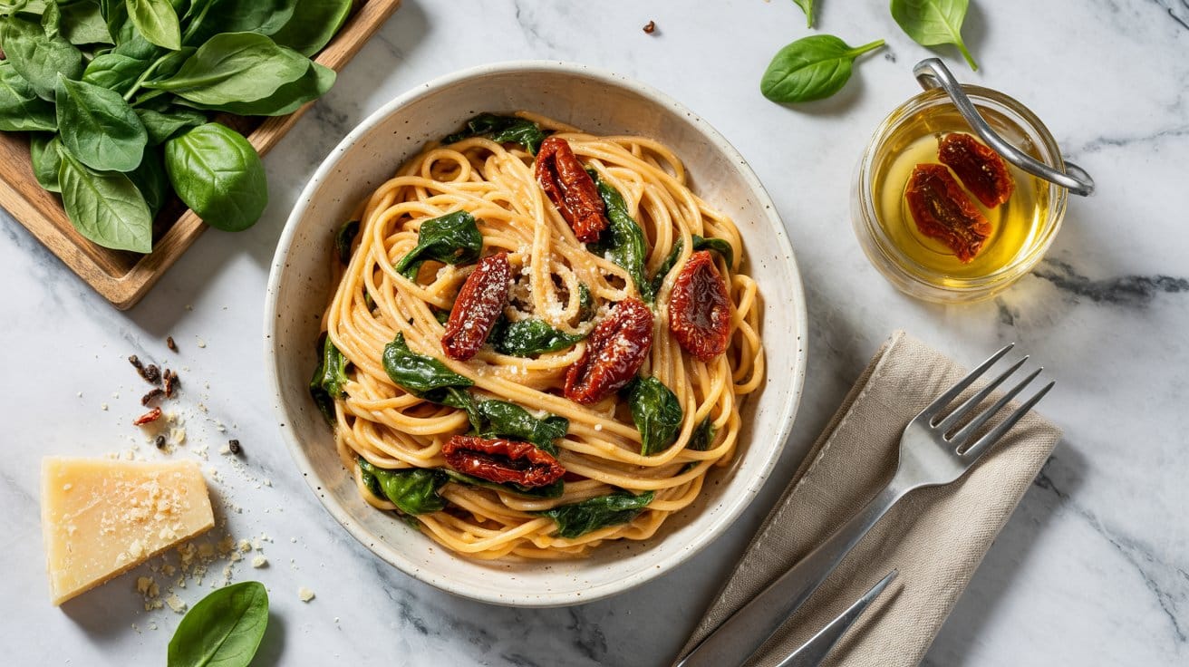 Sundried tomato and spinach pasta for