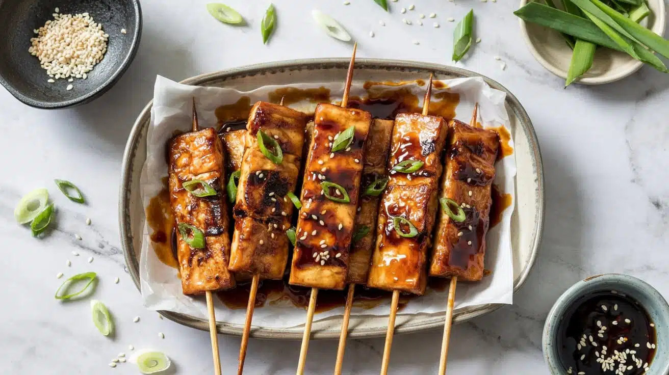 Sticky teriyaki tofu skewers