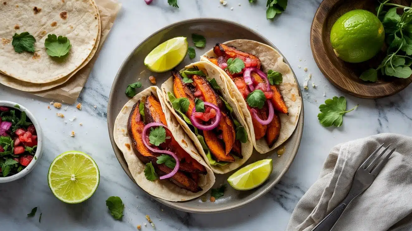 Vegan taco featuring roasted sweet pot auqc5