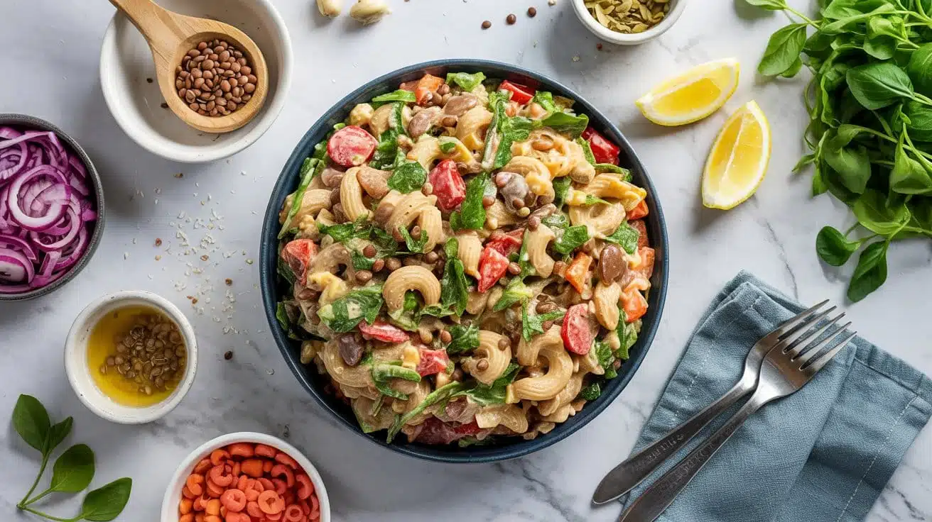 Protein packed lentil pasta salad wit dsa