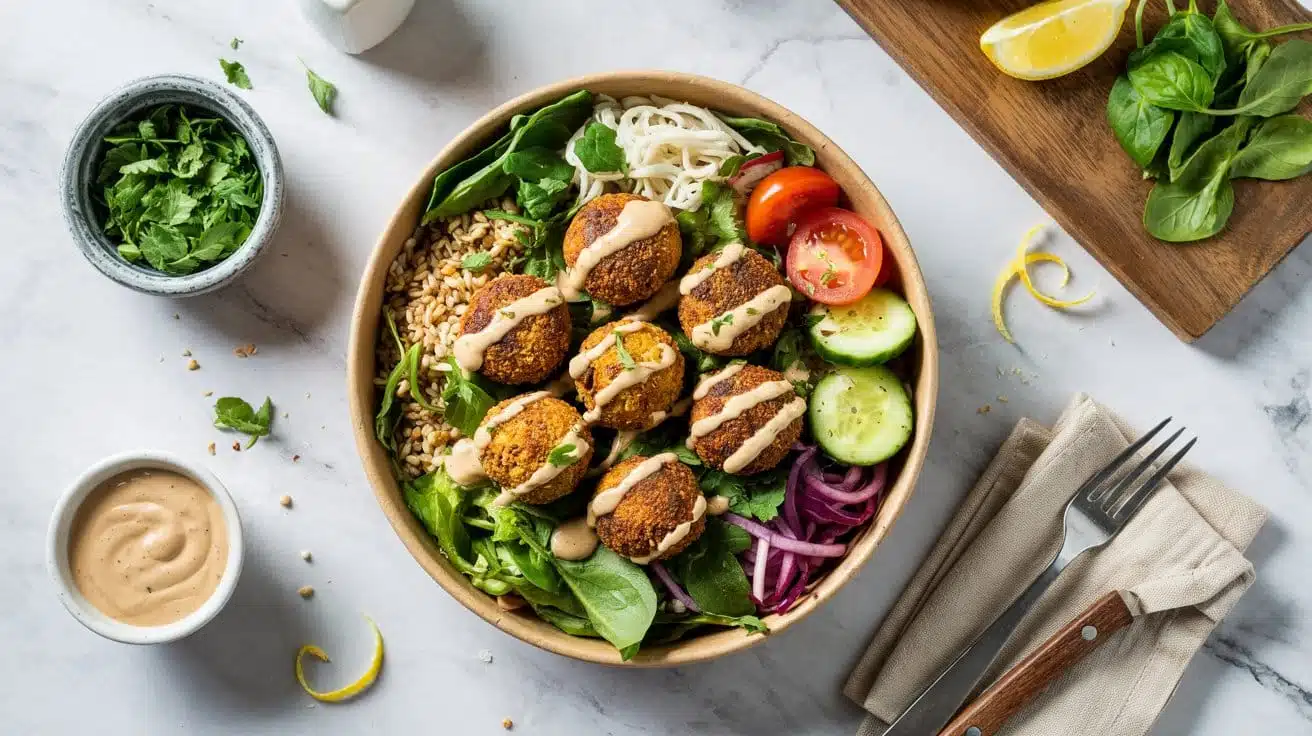 Falafel power bowl with crispy baked d