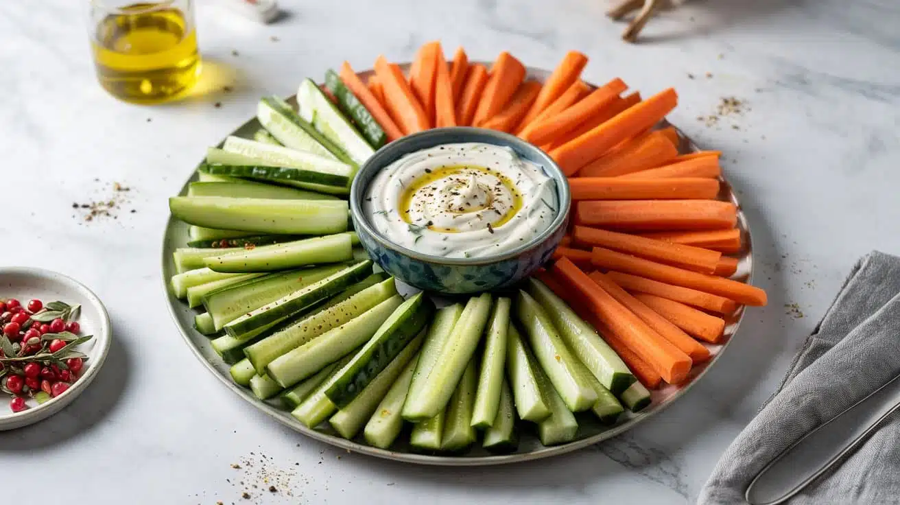 Carrot and cucumber sticks with dip a
