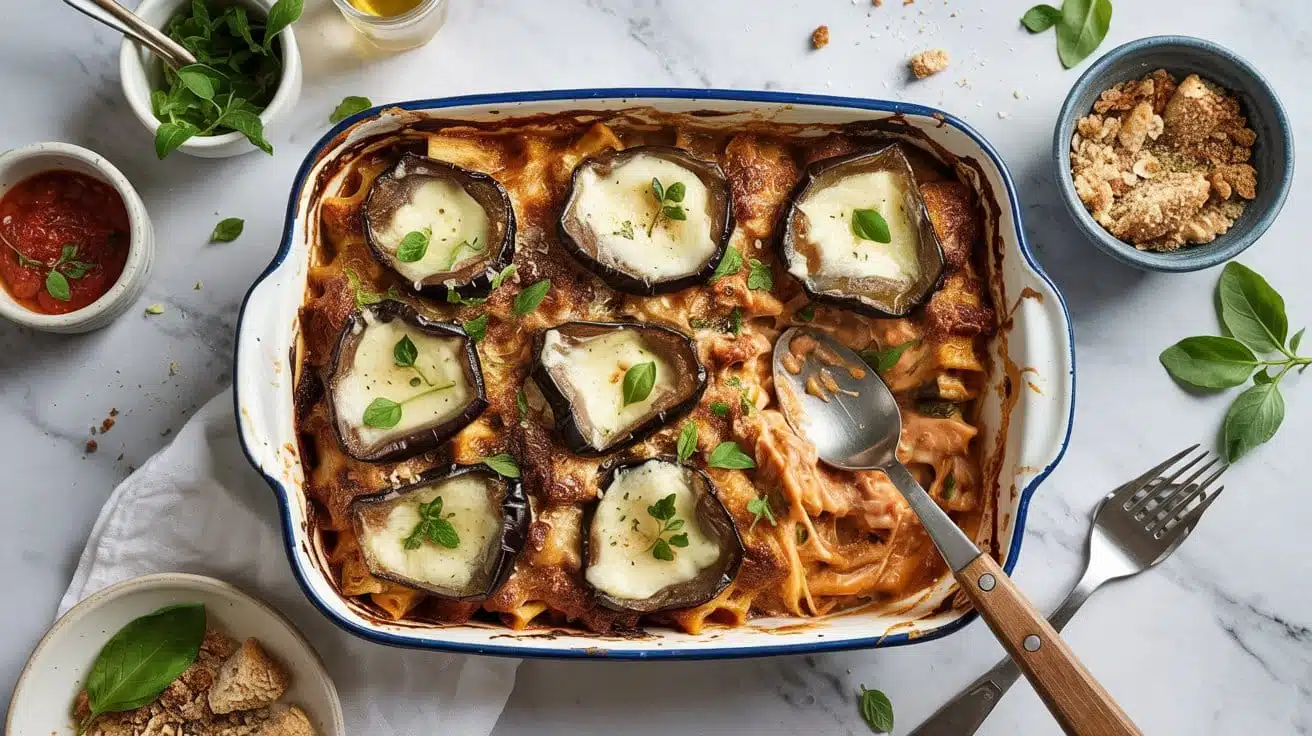 Eggplant pasta bake with