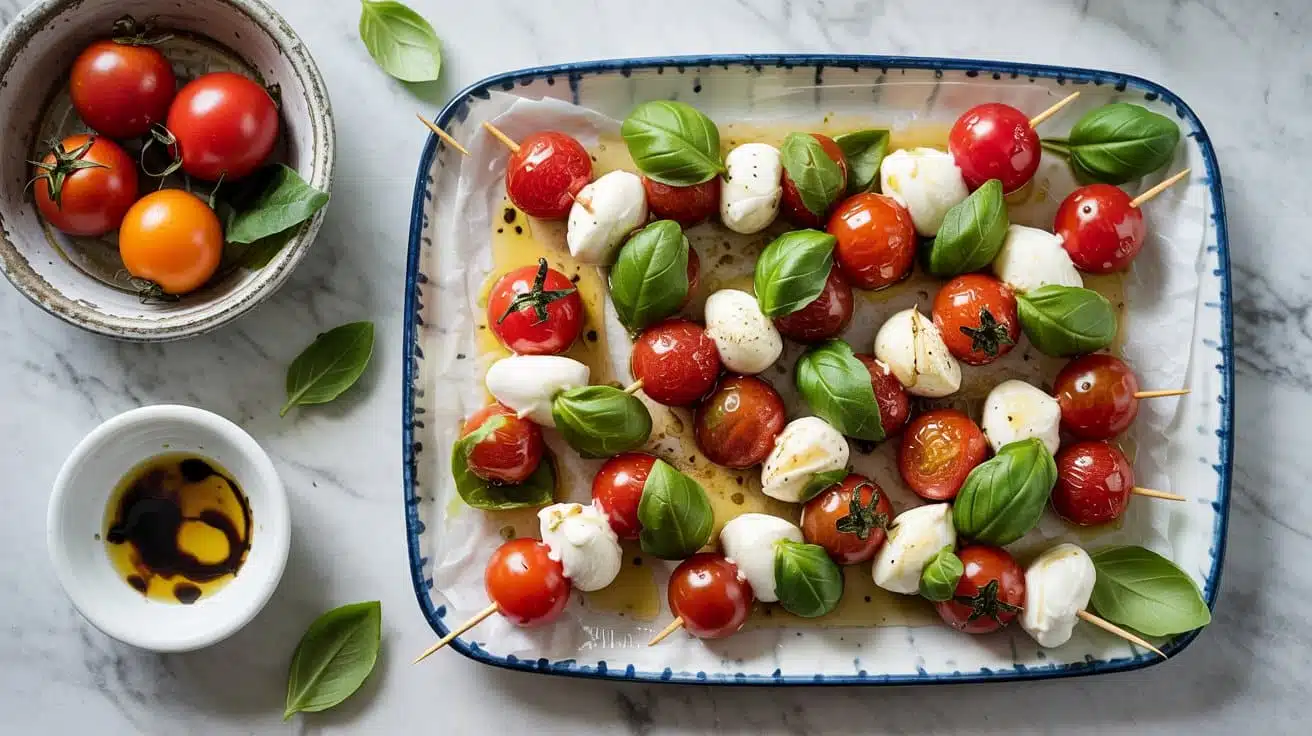 Caprese skewers with vegan ggz