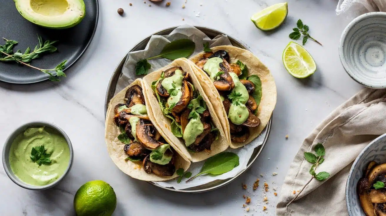 Mushroom tacos with spiced avocado cr
