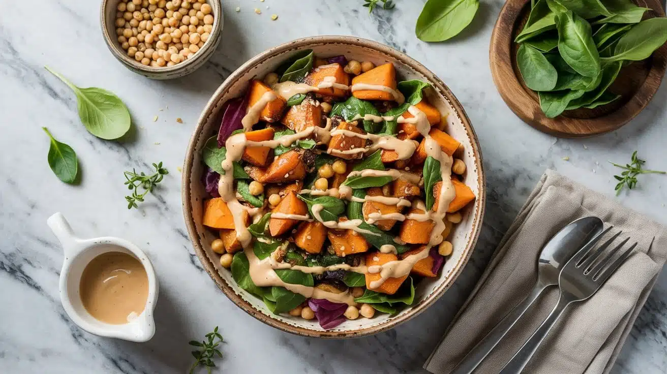 Roasted sweet potato bowl with tahini zash