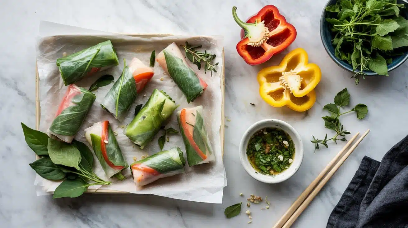 Herbed bell pepper spring rolls a top