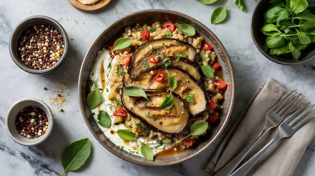 Smoky eggplant bowl on quinoa with ch vccflzfxq