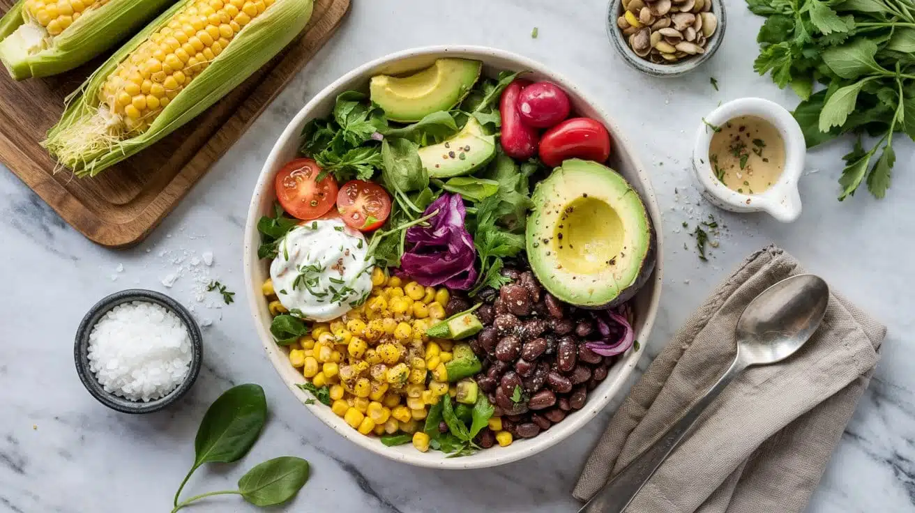 Grilled corn and black bean bowl with 7n cevcg