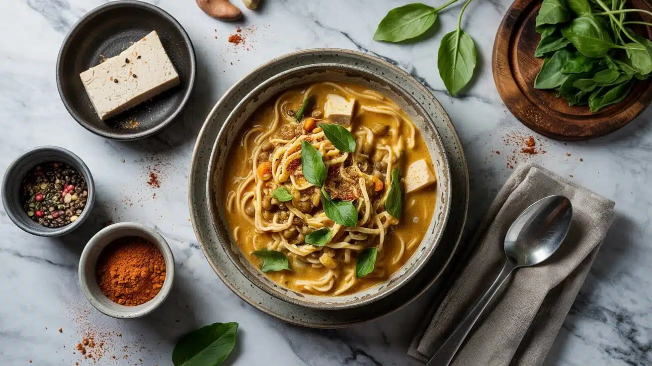 Warm curried lentil noodle soup with w