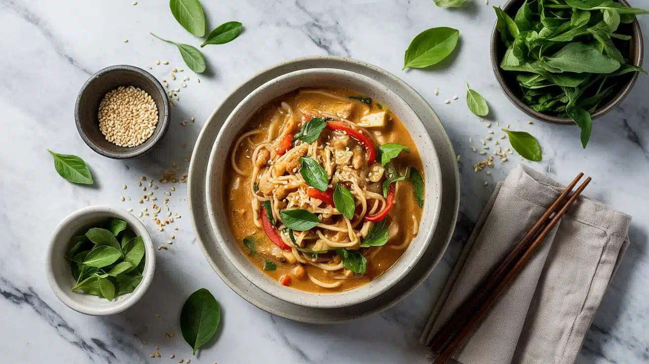 Creamy peanut sesame noodle soup with