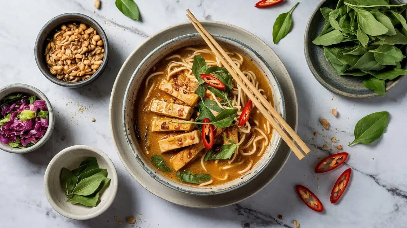 Vegan sate soup with marinated tofu a ddz34zqq