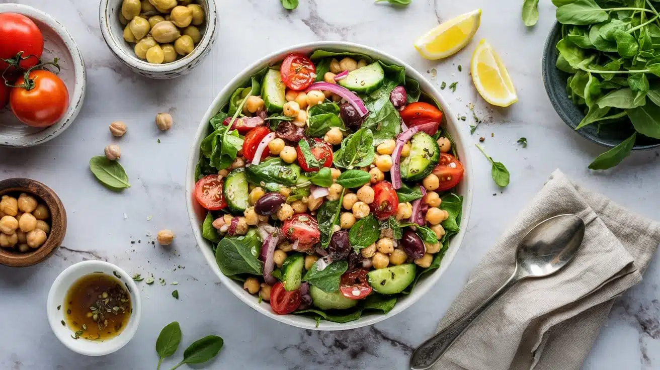 Chickpea greek salad bowl with zesty d qw