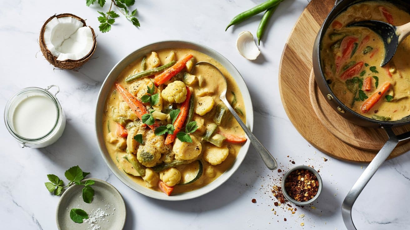 Creamy coconut vegetable curry with ri zhg
