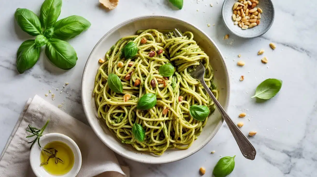 Fresh vegan pesto pasta with nuts and w gcpyckw