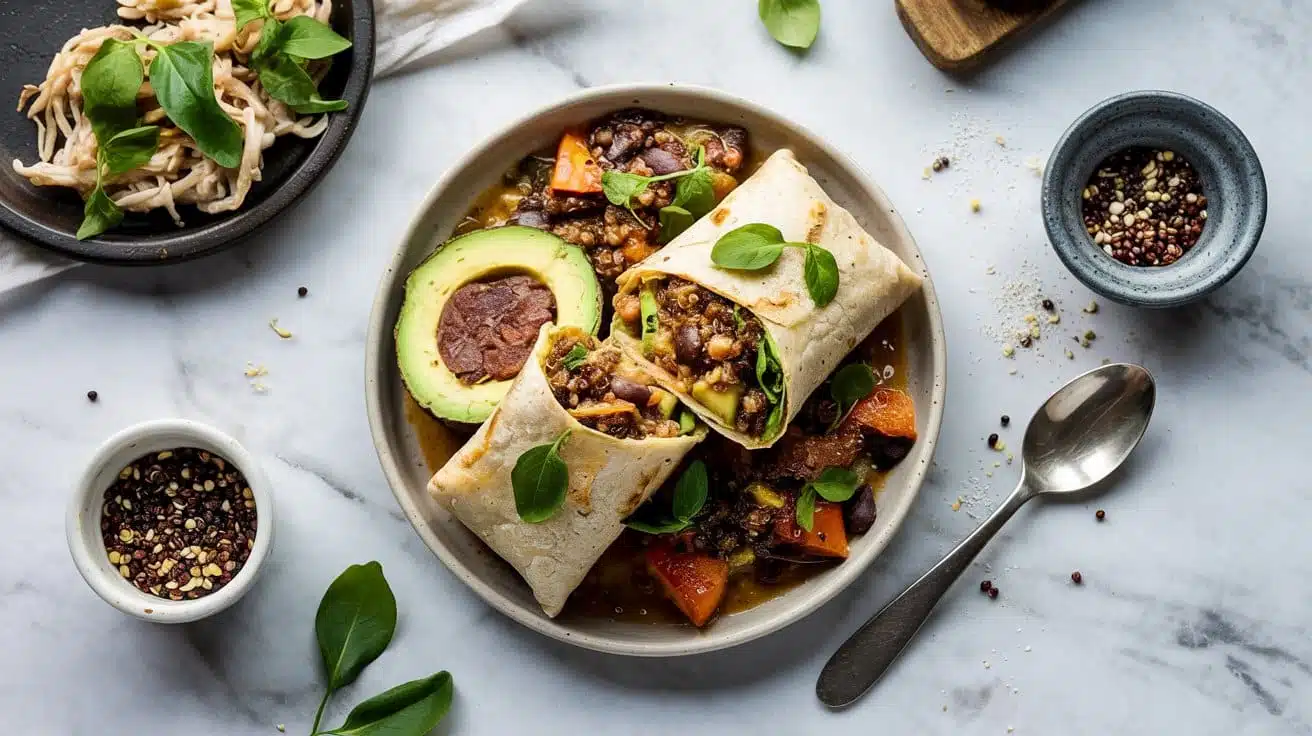 Hearty vegan burrito with quinoa and a q 7a