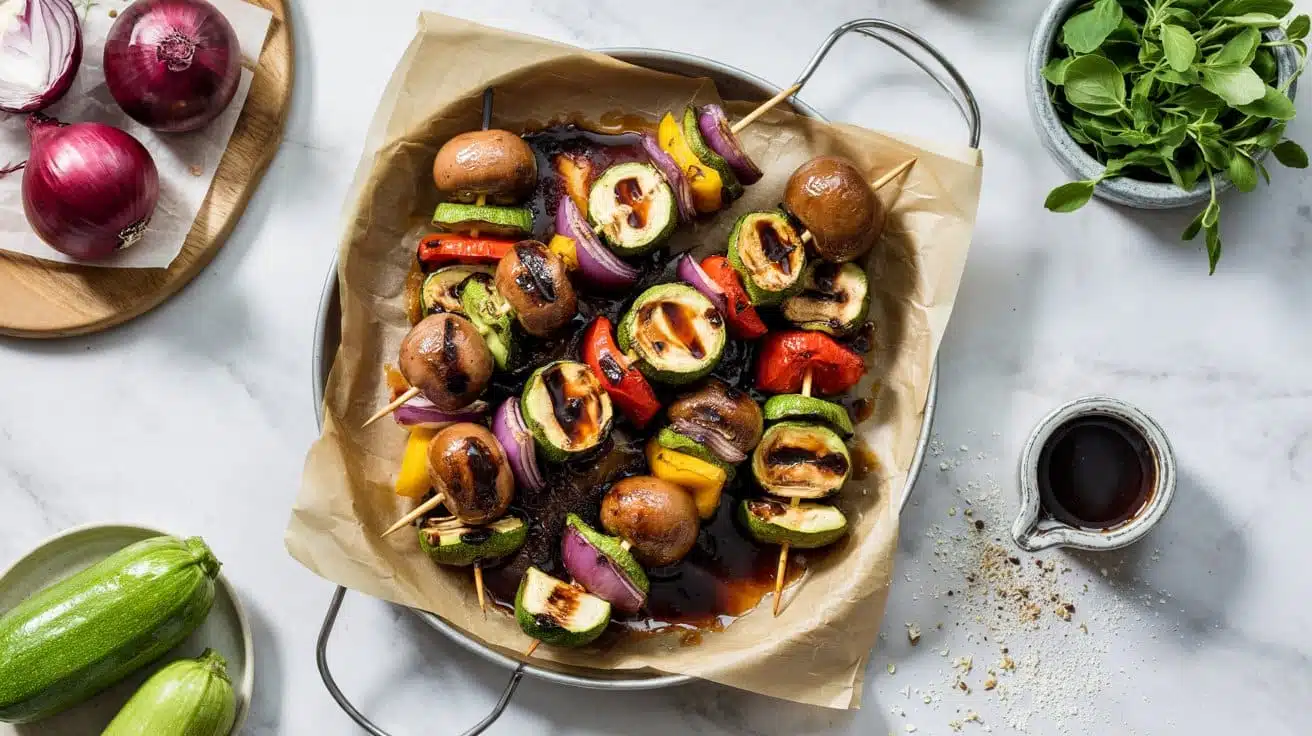Maple balsamic grilled vegetable skewe