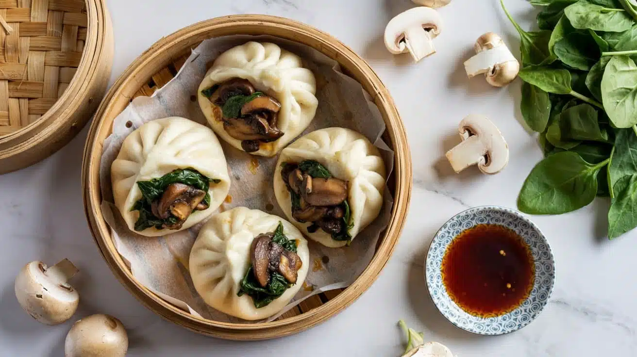 Mushroom and spinach steam buns a top