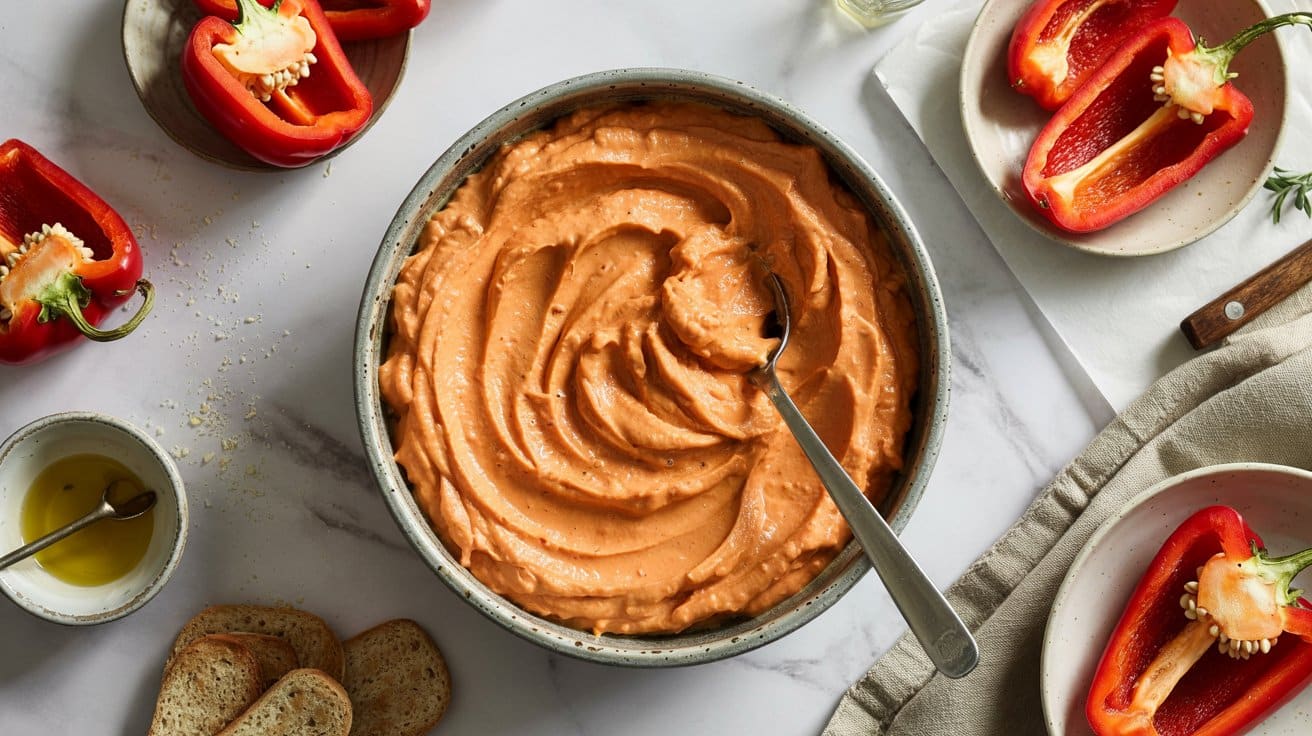 2 roasted red pepper tofu dip a top down htcs0vt eka2jmg ciyucbhzloq