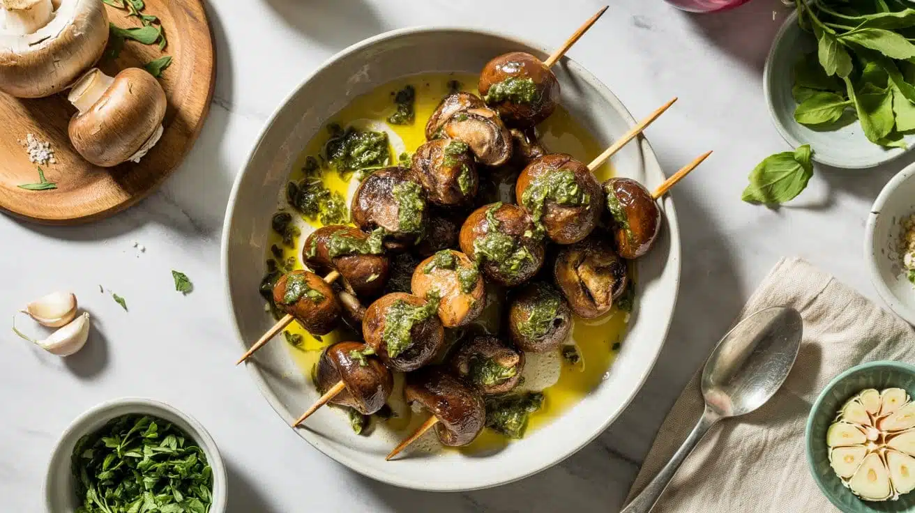 Chermoula glazed mushroom skewers a to opp8t 8jts