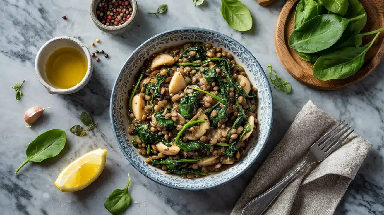 Lentil and spinach bowl with garlic an