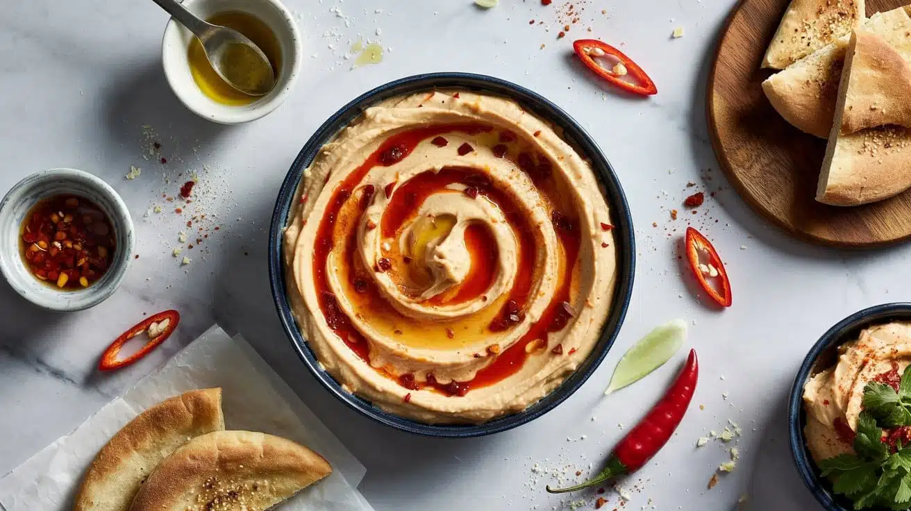 3 spicy sriracha hummus a top down food