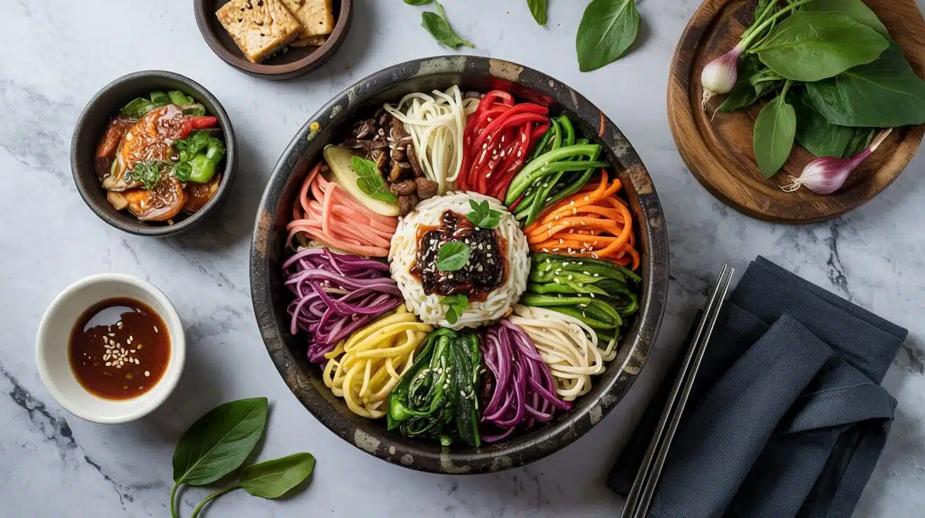 Vegan korean bibimbap with colorful ve