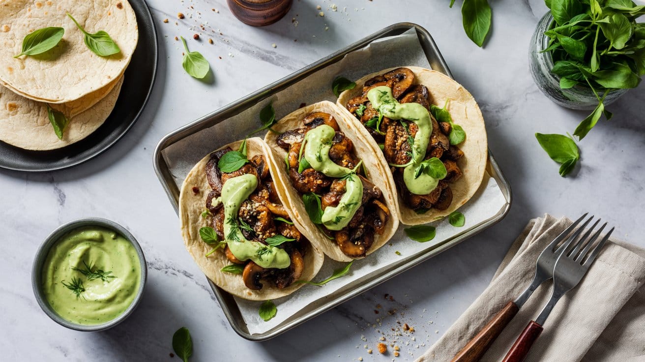 Vegan mushroom tacos with creamy avoca pboba