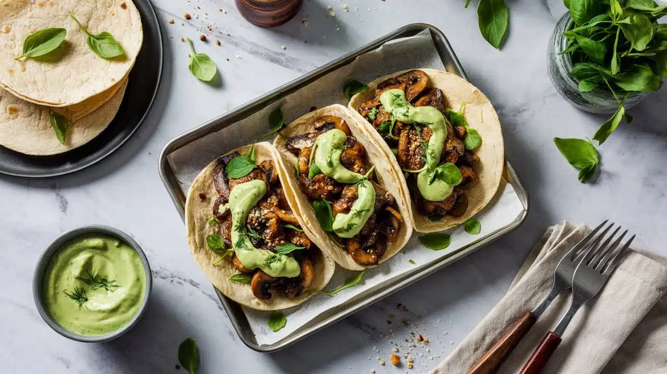 Vegan mushroom tacos with creamy avoca pboba