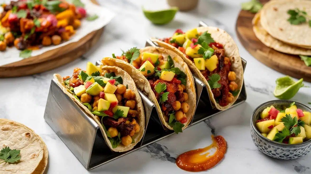 Chickpea tacos paired with spicy mango vedmx a