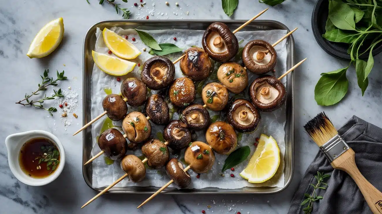Grilled shiitake skewers marinated to