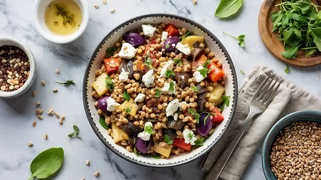 Roasted vegetable farro bowl with vega mq