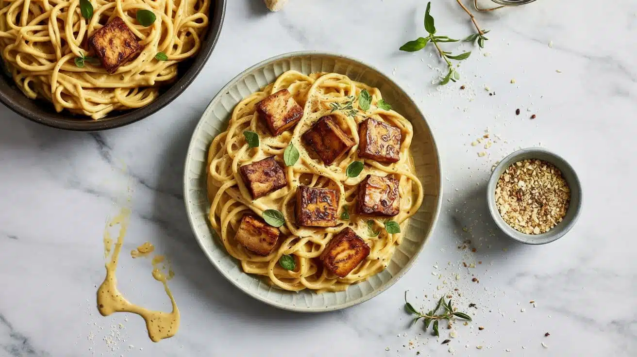 Smoky vegan carbonara with tofu and nu