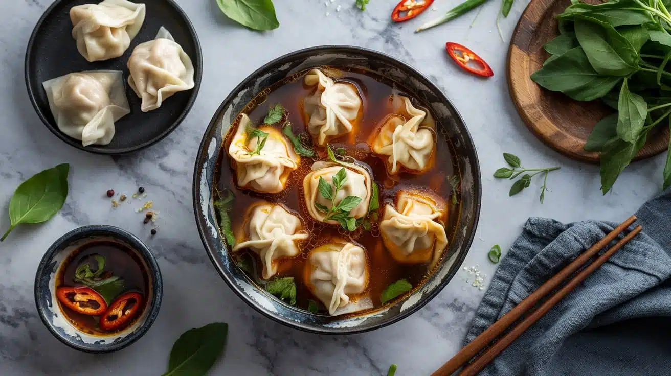 Spicy vegan won ton soup with vegetabl yfg