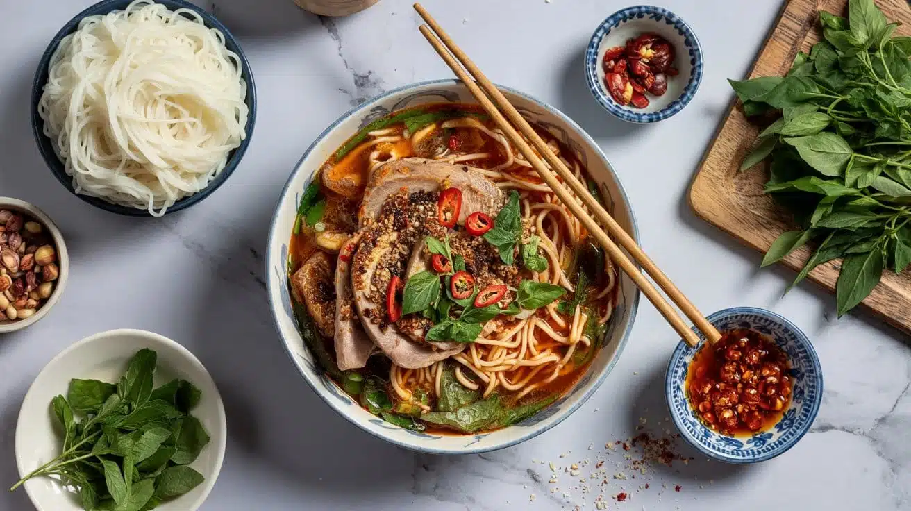 Hearty and spicy vegan bun bo hue nood gfuijw