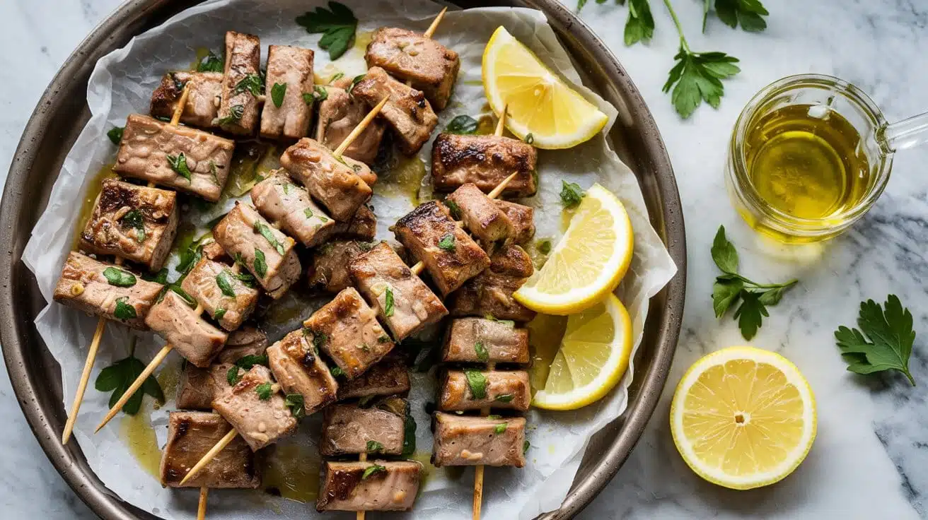 Lemon herb seitan skewers