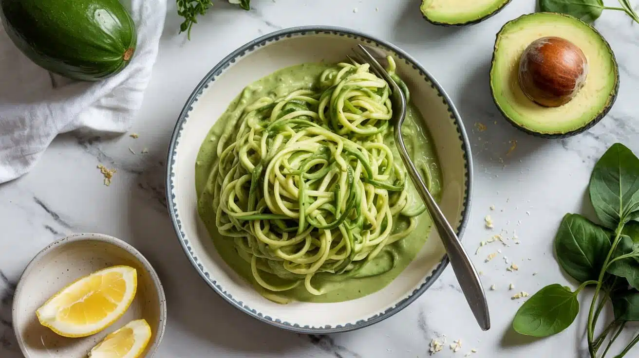 Light zucchini noodles with creamy avo