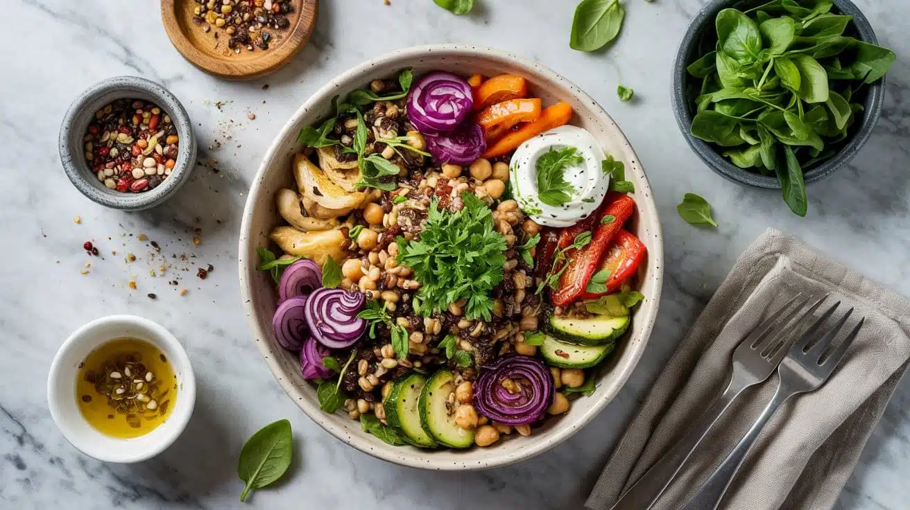 Vegan grain bowl with he