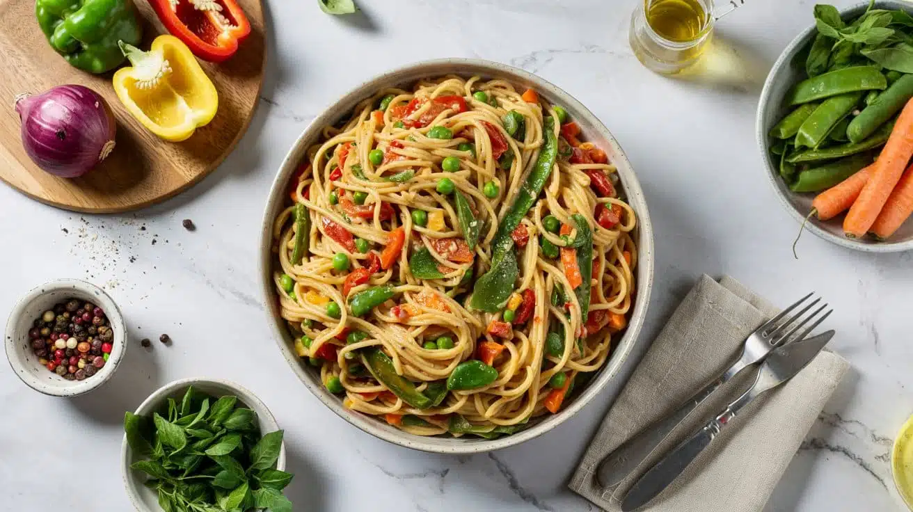 Bright pasta primavera with fresh seas har5