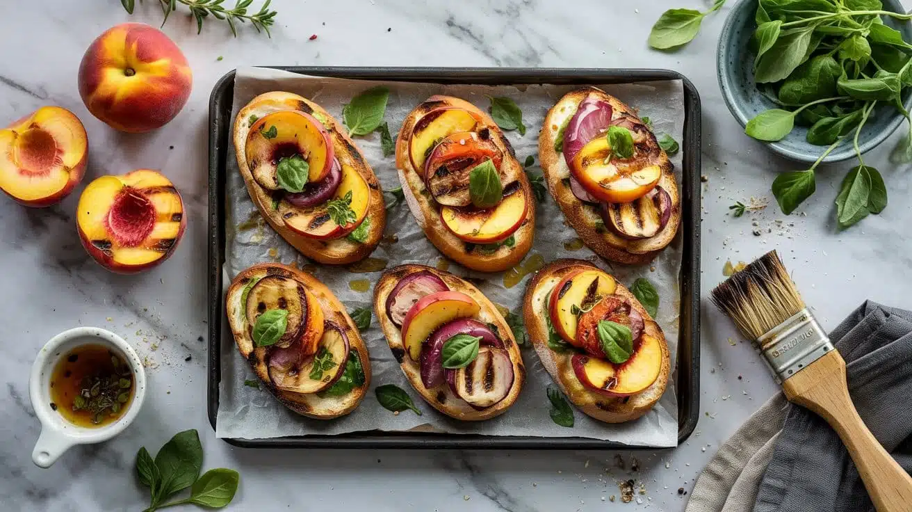 6 grilled peach veggie bruschetta a top iqzx uw botxkia