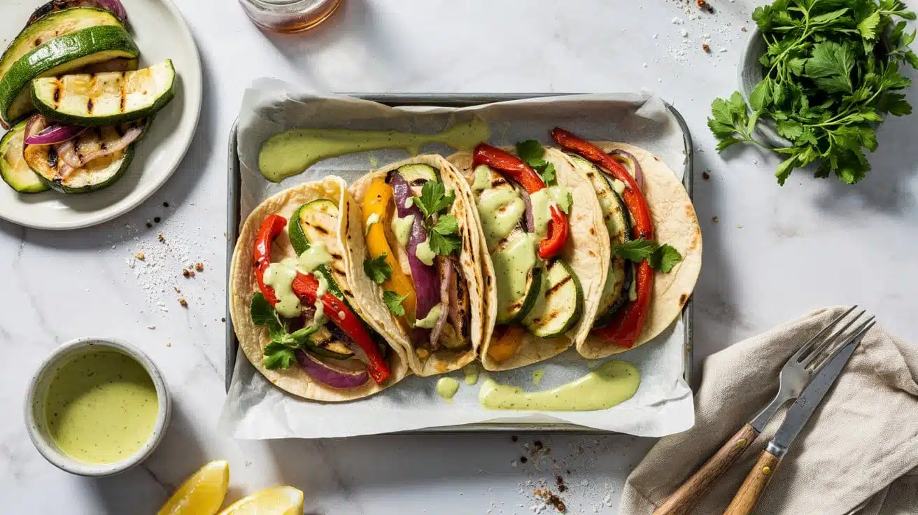 Grilled vegetable tacos with lemon tah zswm0lca