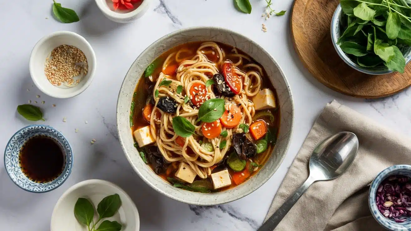 Umami rich miso veggie noodle soup wit